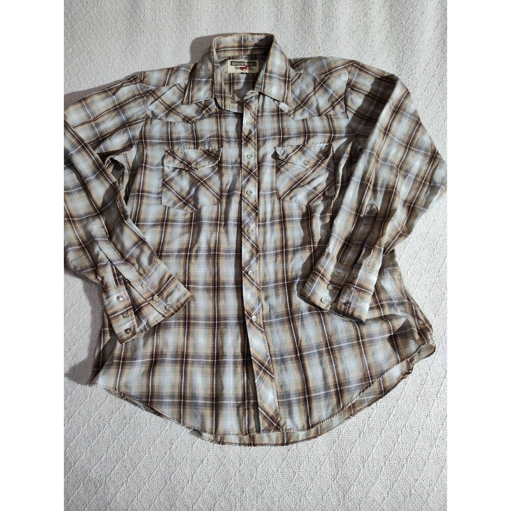 VTG Men's Youngbloods Shirt Medium 15/15.5  Blue Plaid Pearl Snap Western Cowboy